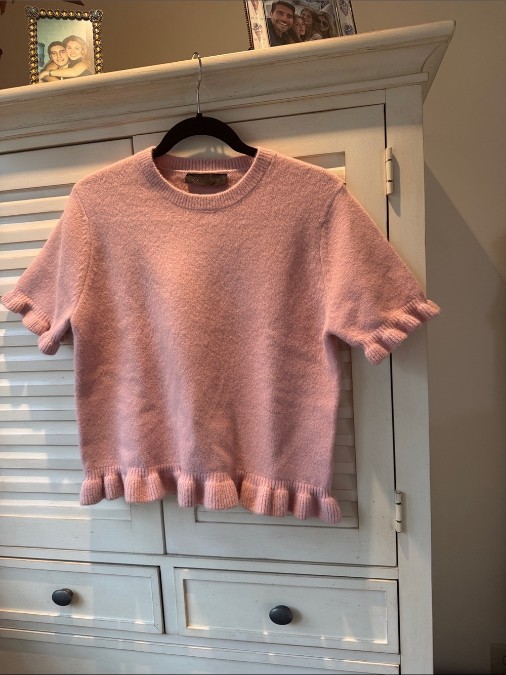 Zara Light Pink Short Sleeve Ruffle-Hem Sweater